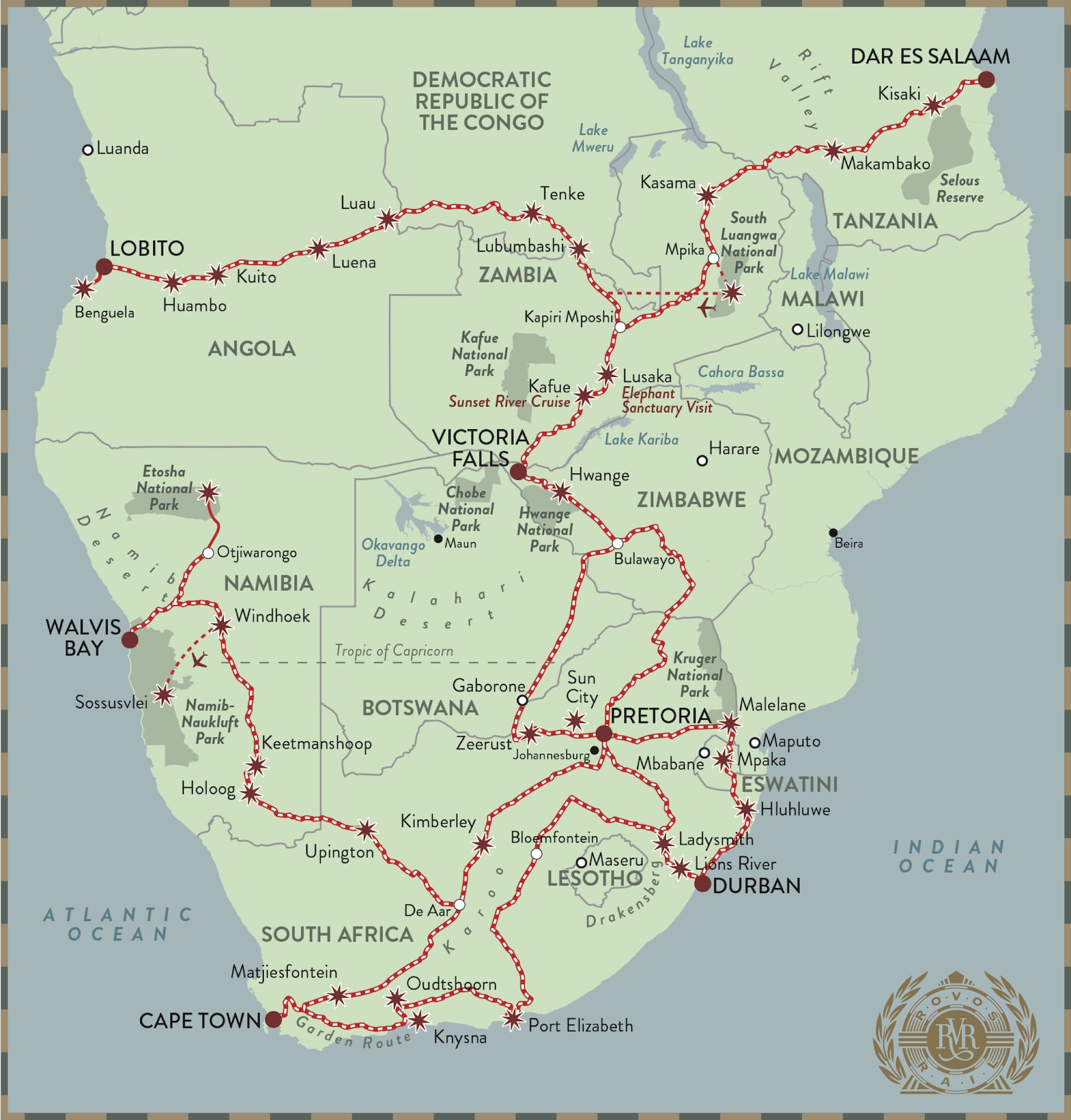 ROVOS RAIL longest luxury train ride map